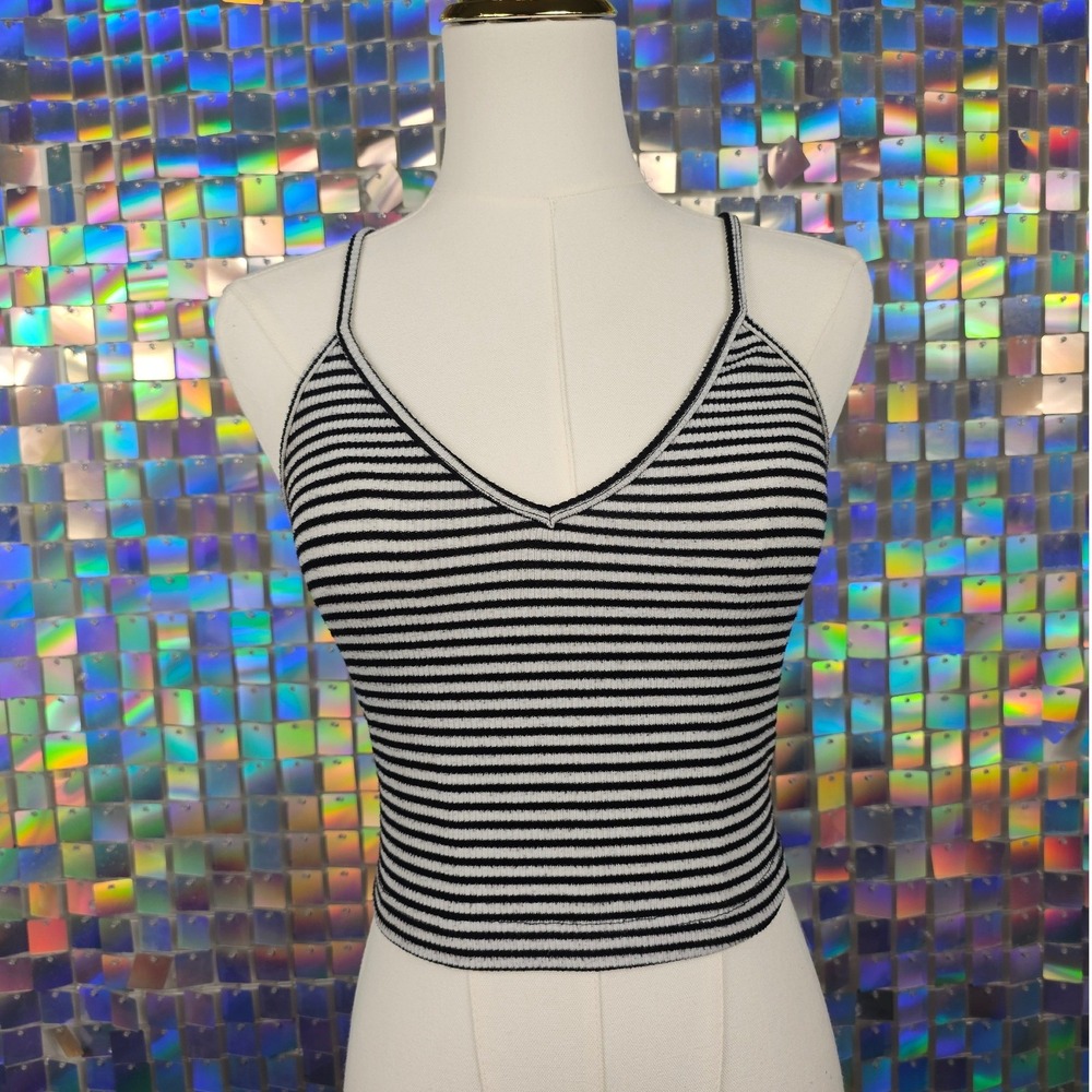 Timing Striped Ribbed V-Neck Crop Top Womens‎ Small Black White Spaghetti Strap
